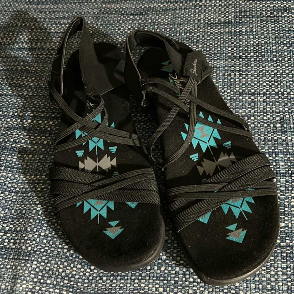 Skechers Reggae Slim Takes Two Size 10 Shoes Black Strappy Comfort Sandals